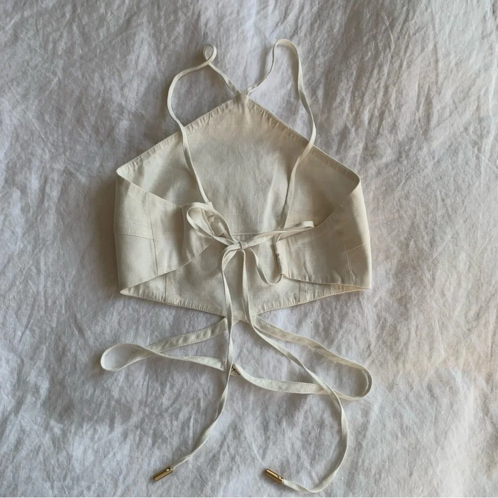 Cult Gaia Drew Linen Strappy Halter Criss Cross Blouse Crop Tie Top Off White